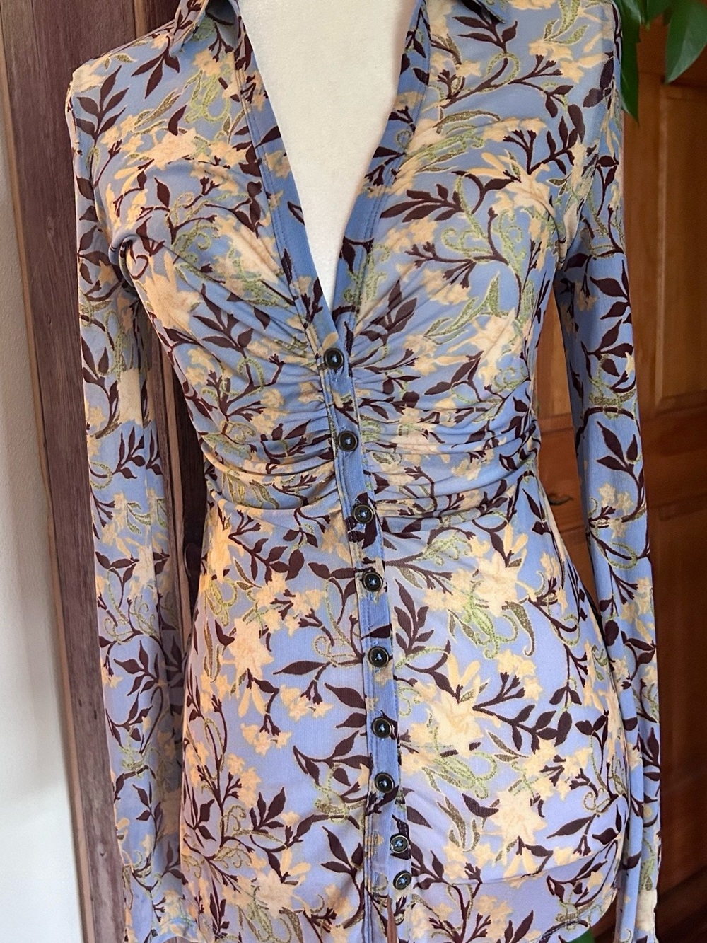 Free People Periwinkle Floral Button-Down Ruched Waist Blouse